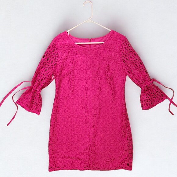 Hot Pink Crochet Lace Bell Sleeve Mini Dress - Picture 2 of 10